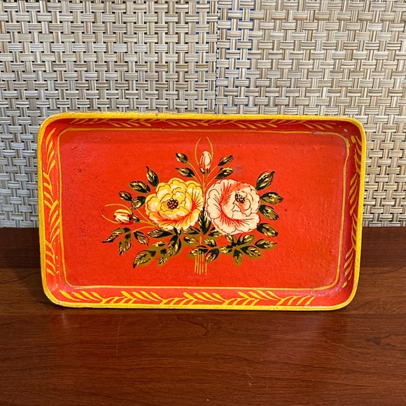 🍁🌟4xHP🌟VTG 1945-1952 Occupied Japan 2 Red Floral Paper Mache Trays - Picture 7 of 11